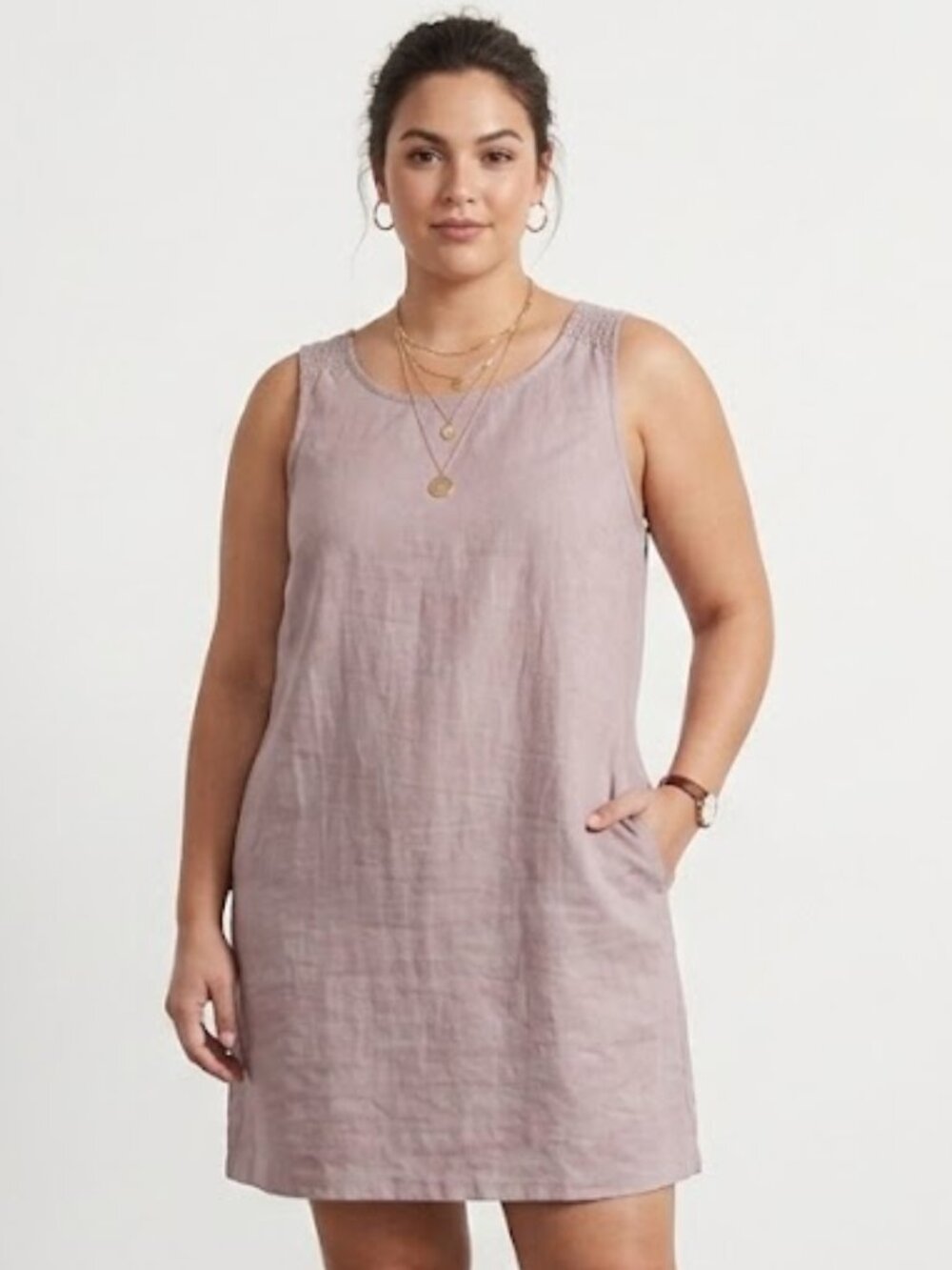 Nicole Miller 100% Linen Smocked Shoulder Sleeveless Shift Dress Lilac Purple L